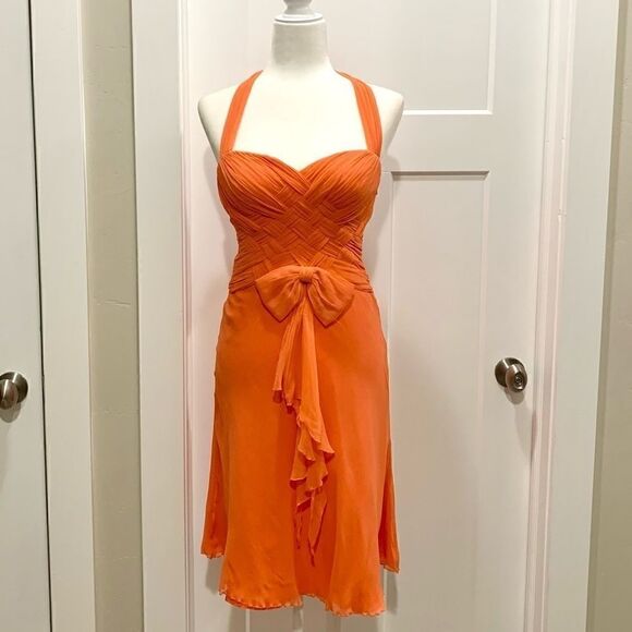 Orange Silk Woven Halter  Cocktail Evening Dress - Picture 2 of 11